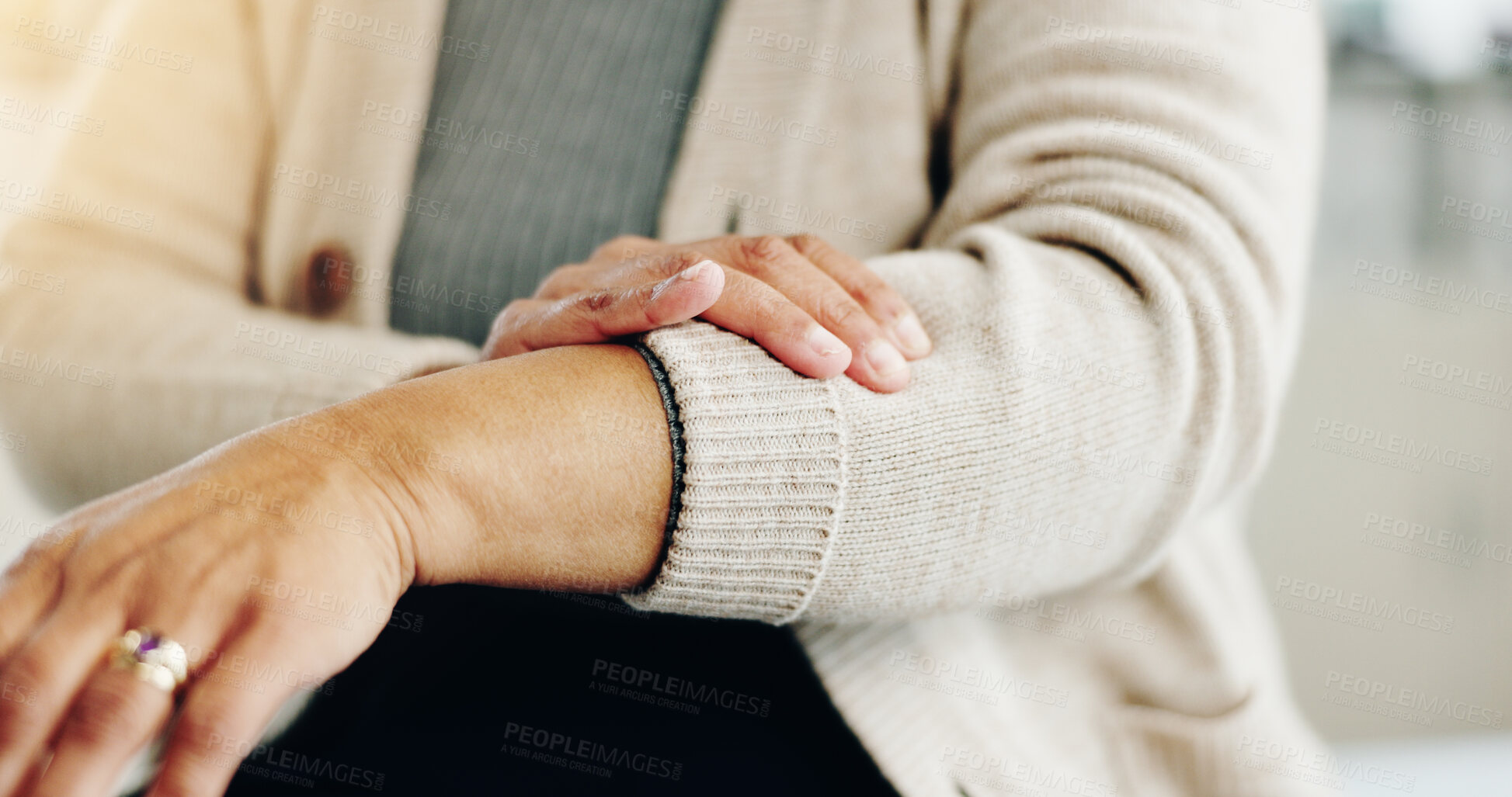 Buy stock photo Arm pain, arthritis and closeup of old person in healthcare clinic for emergency, accident and injury. Fibromyalgia, tension and circulation with senior woman for osteoporosis and inflammation