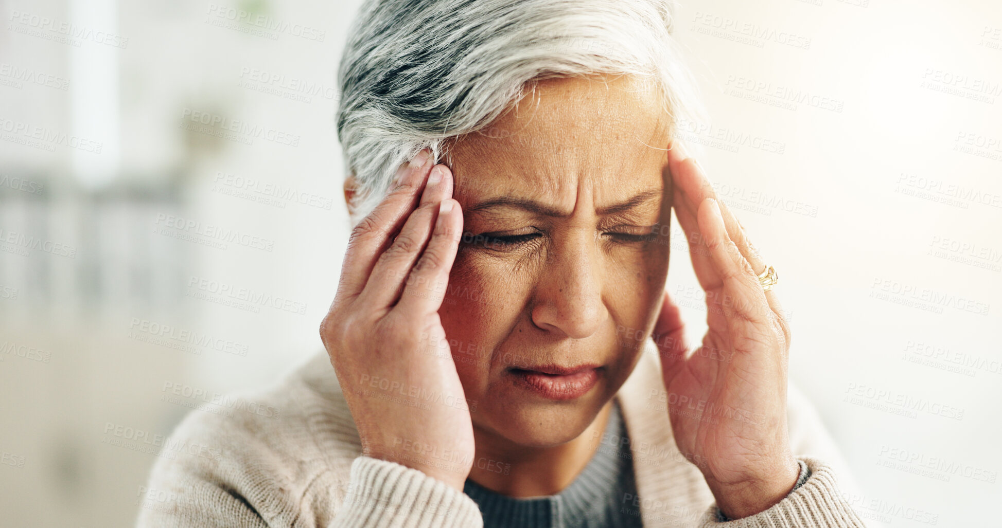 Buy stock photo Home, pain or senior woman with headache, burnout or tension with mental health. Pensioner, anxiety or elderly person with migraine, retirement or aged with depression, frustrated or fail with stress