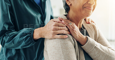 Buy stock photo Healthcare, empathy and holding hands for support, smile and physiotherapist with elderly patient. Clinic, medical professional and caregiver for senior care, people or appointment for rehabilitation