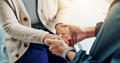 Buy stock photo Healthcare, empathy and holding hands for support, help and physiotherapist with elderly patient. Clinic, medical professional and caregiver for senior care, people and appointment for rehabilitation