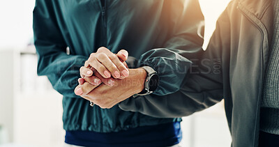 Buy stock photo Healthcare, physiotherapist and holding hands of patient in clinic for walking guide, mobility support and empathy. Medical professional, woman and helping with rehabilitation for recovery or healing