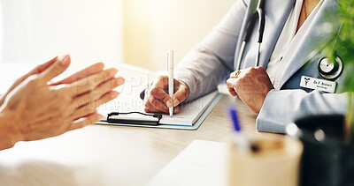 Buy stock photo Prescription, hands and doctor with patient, office and documents for healthcare, service and clinic. Consultation, medical professional and paperwork for treatment plan, advice or people in hospital