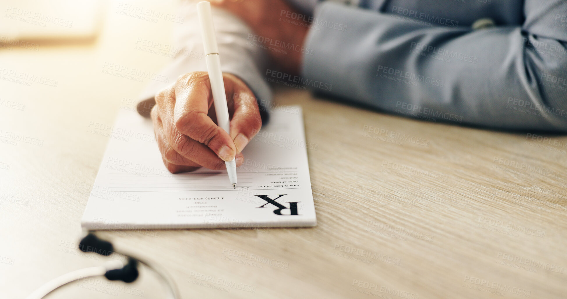 Buy stock photo Prescription, hands and doctor with info, office and documents for healthcare, service and clinic. Consultation, medical professional and paperwork for treatment plan, diagnosis or person in hospital
