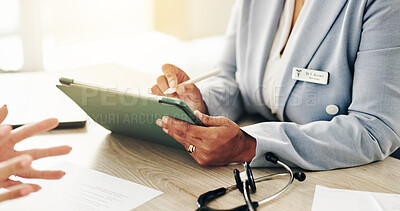 Buy stock photo Prescription, hands and doctor with patient, tablet and documents for healthcare, service and clinic. Consultation, medical professional and paperwork for treatment plan, office or people in hospital