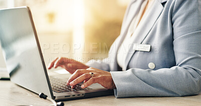 Buy stock photo Doctor, hands or laptop in office for healthcare, online consultation or medical research. Woman, specialist or typing on computer with telehealth platform, connectivity or patient report in practice