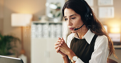 Buy stock photo Woman, headset and computer in office for consultation, online appointment and connectivity. Mature virtual assistant, tech and talking in agency for advice, communication or contact support for help