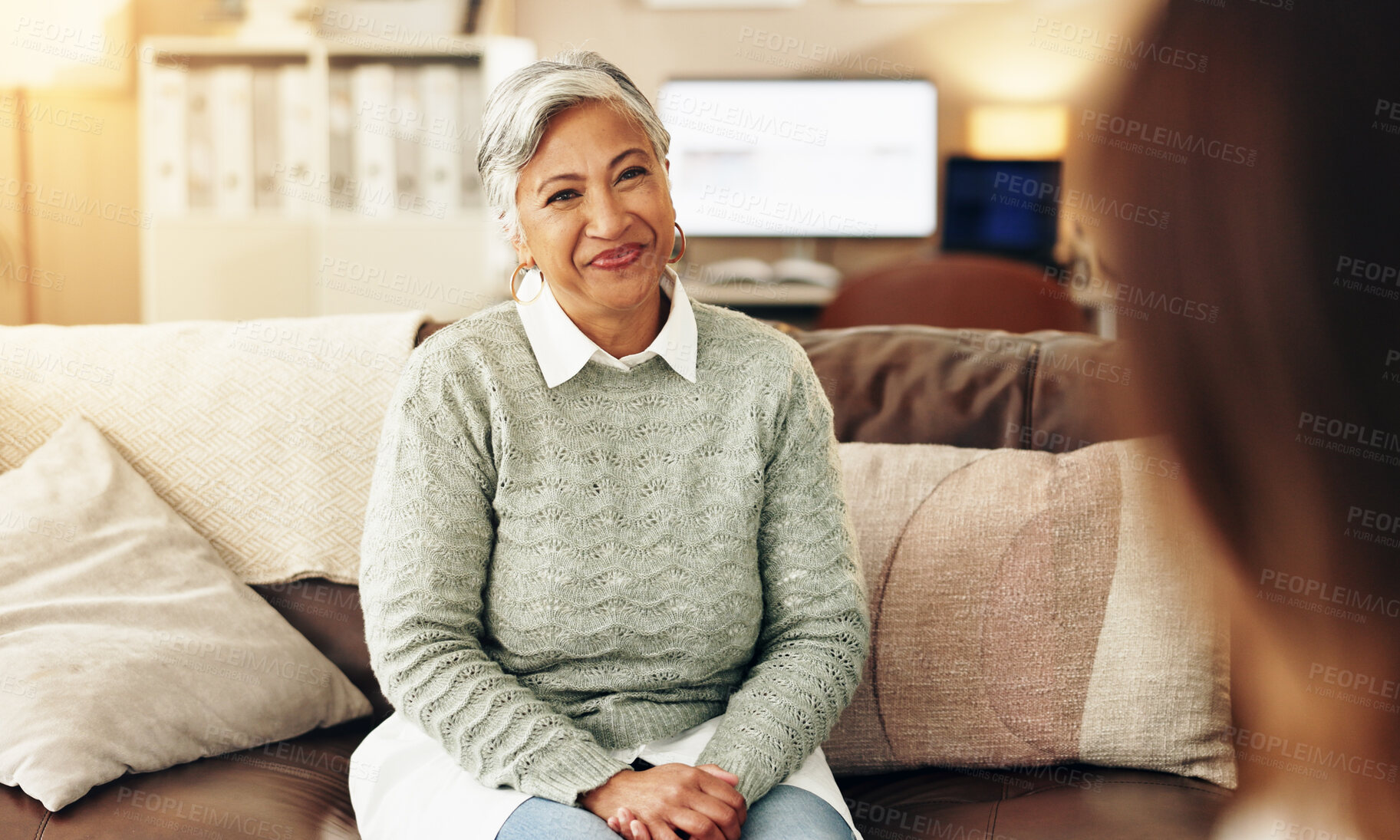 Buy stock photo Discussion, psychologist and patient in office for mental health psychology treatment at appointment. Conversation, medical and mature woman talking to therapist for advice in consultation at clinic.