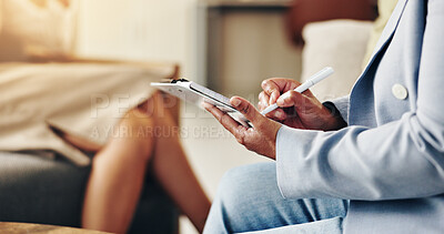 Buy stock photo Hands, psychologist and checklist for counselling, writing and professional for support in office. Therapist, clipboard and woman for patient advice, listen or empathy for mental health consultation