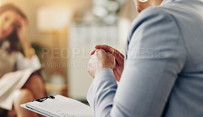 Buy stock photo Hands, psychologist and checklist for counselling, listen and professional for support in office. Therapist, clipboard and woman for patient advice, care or empathy for mental health consultation