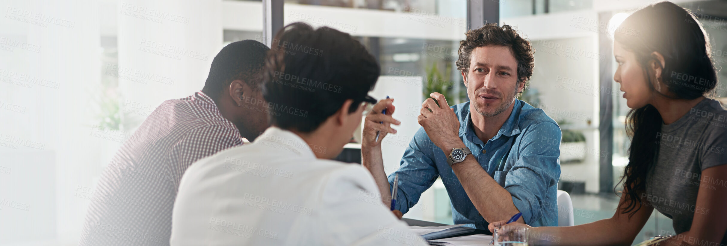 Buy stock photo Business people, together and team in discussion, meeting and feedback as creative in office. Employee engagement, group and diversity for collaboration, review and conversation in project management