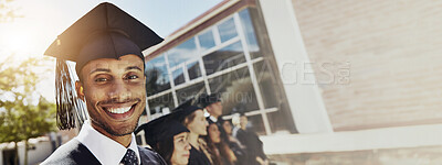 Buy stock photo Portrait, happy man and graduation of student at college for education achievement. Face, smile and university graduate outdoor at campus for future, goal and scholarship ceremony on banner space