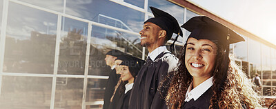 Buy stock photo Portrait, happy woman and graduation of college student outdoor for education achievement. Face, smile and university graduate at campus for milestone, goal and scholarship ceremony on banner space