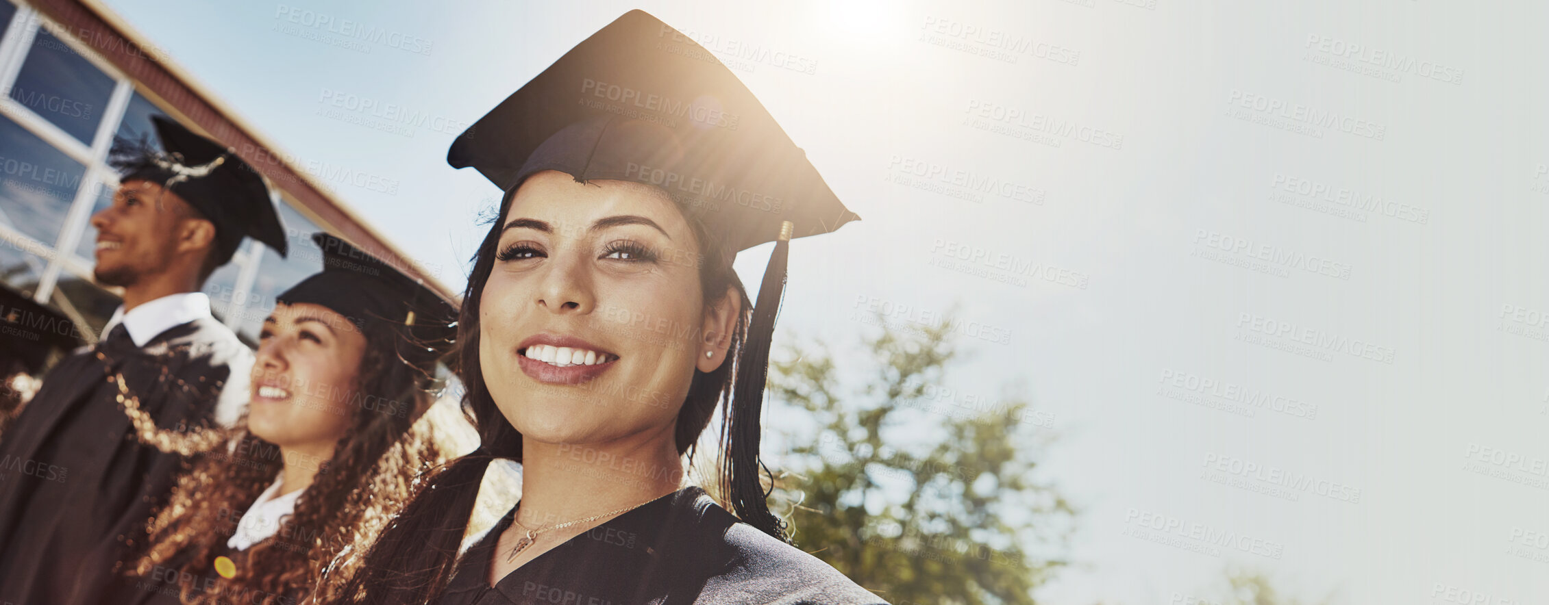 Buy stock photo Graduation, portrait and banner with woman in college for success, education and scholarship. University student, future and pride with person in outdoor for campus low angle, event and mockup space