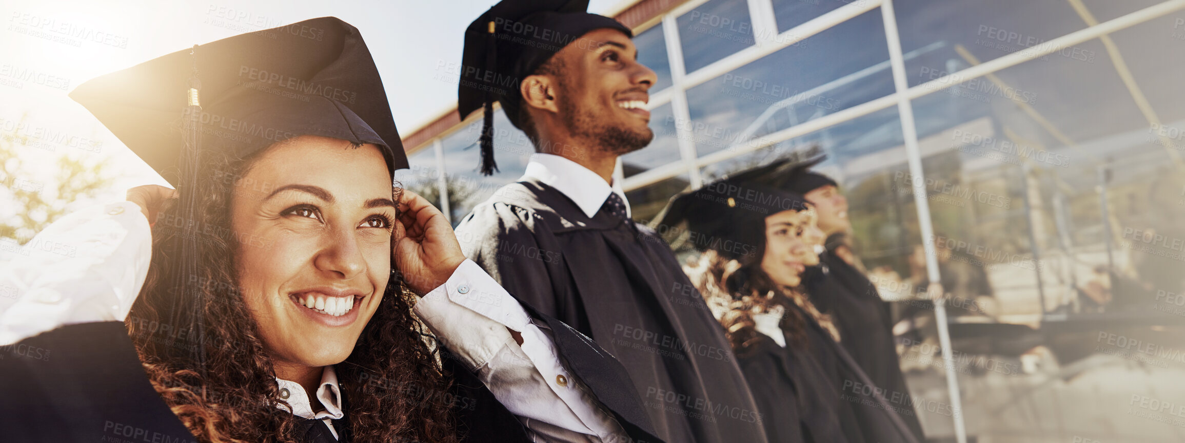 Buy stock photo Graduation, students and banner with woman in college for success, education and scholarship. University class, future and pride with person in outdoor for campus ceremony, event and achievement