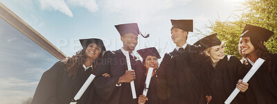 Buy stock photo Graduation, students and group with diploma, celebration and smile for milestone, scholarship and event. Outdoor, happy and people with knowledge, degree and achievement for education and future