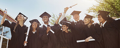 Buy stock photo Students, excited or graduation celebration with diploma for scholarship success or education goals on campus. Banner, friends or certificate at degree ceremony for college milestone or group support