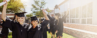 Buy stock photo Students, friends and graduation celebration with diploma for education success or learning goals on campus. Banner, women or excited with certificate at ceremony for college achievement or milestone