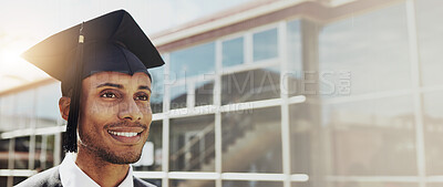 Buy stock photo Graduation, smile and banner with man in college for success, education and scholarship. University student, future and pride with person in outdoor for campus ceremony, event and achievement
