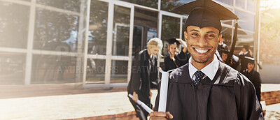 Buy stock photo Portrait, happy man and celebrate graduation with certificate for education achievement at college. Face, smile and graduate student with diploma for goal, milestone or future success on banner space