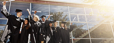 Buy stock photo Graduation, banner and certificate with students in college for diploma, scholarship and future. University degree, education and achievement with people in outdoor for learning, study and low angle