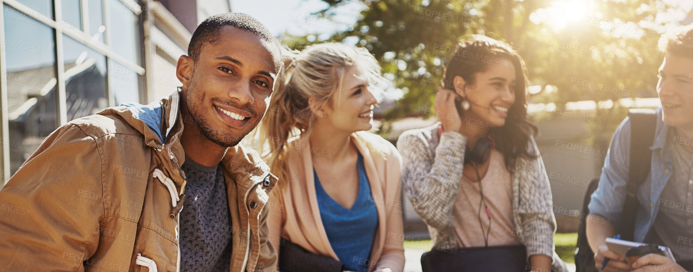 Buy stock photo University student, man and portrait outdoor on campus for learning break, study group and scholarship. Banner, person and relax at college for knowledge development, education or growth opportunity