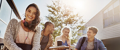 Buy stock photo Outdoor, students and friends with woman in college for study break, education and laugh. Learning, low angle and diversity with group of people on campus for academy, scholarship and banner