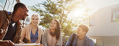 Buy stock photo Banner, low angle and friends with people in college for study break, education and future. Learning, university and diversity with group of students in outdoor for academy, scholarship and school