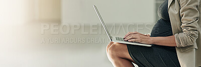 Buy stock photo Banner, laptop and pregnant woman in office typing for online project, business proposal and research. Professional worker, mockup space and person on computer for internet, website and planning