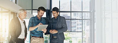 Buy stock photo Experts, tablet and business people in office, teamwork and conversation with planning for project. Trading, financial consultant and employees with internet, tech or connection with taxes or economy