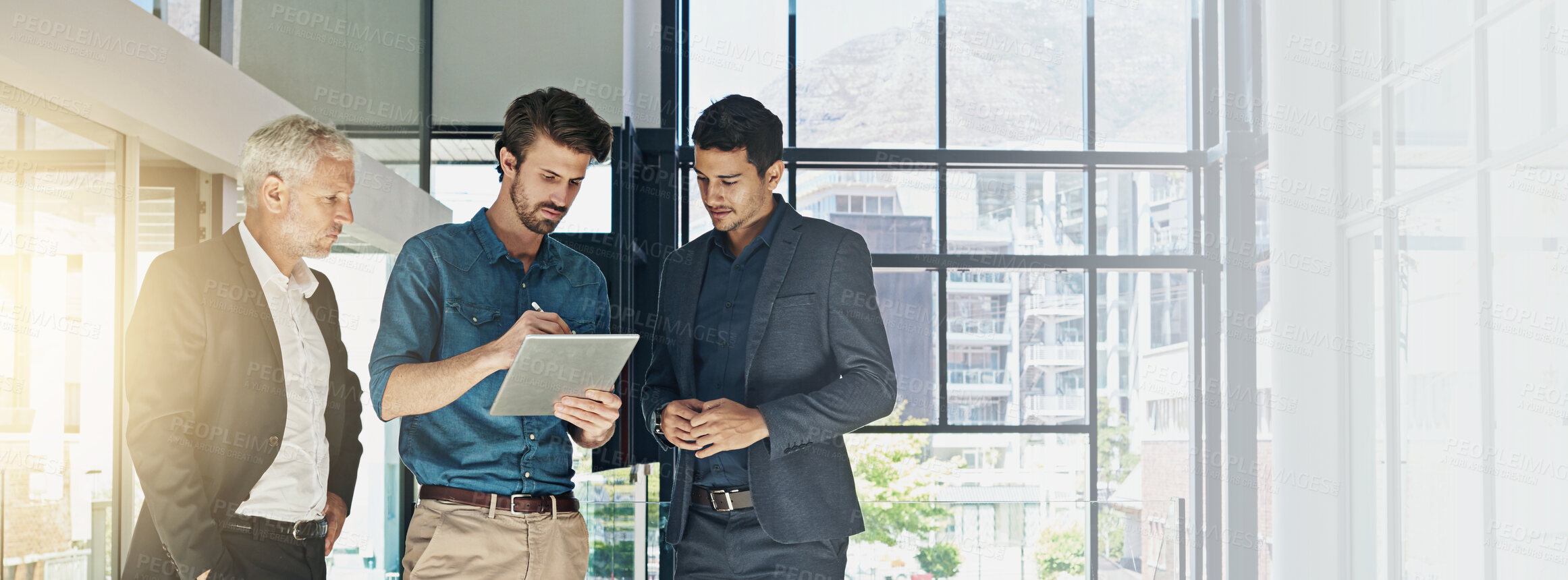 Buy stock photo Experts, tablet and business people in office, teamwork and conversation with planning for project. Trading, financial consultant and employees with internet, tech or connection with taxes or economy