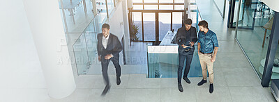 Buy stock photo Meeting, planning and men with tablet, business and colleagues with info for market research and online. Banner, above and collaboration for revenue of company, account manager and people in office