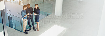 Buy stock photo Collaboration, group and research for business, digital and colleagues with tablet, meeting and info. Office, teamwork and people with app for social media analyst, above and data analysis for report