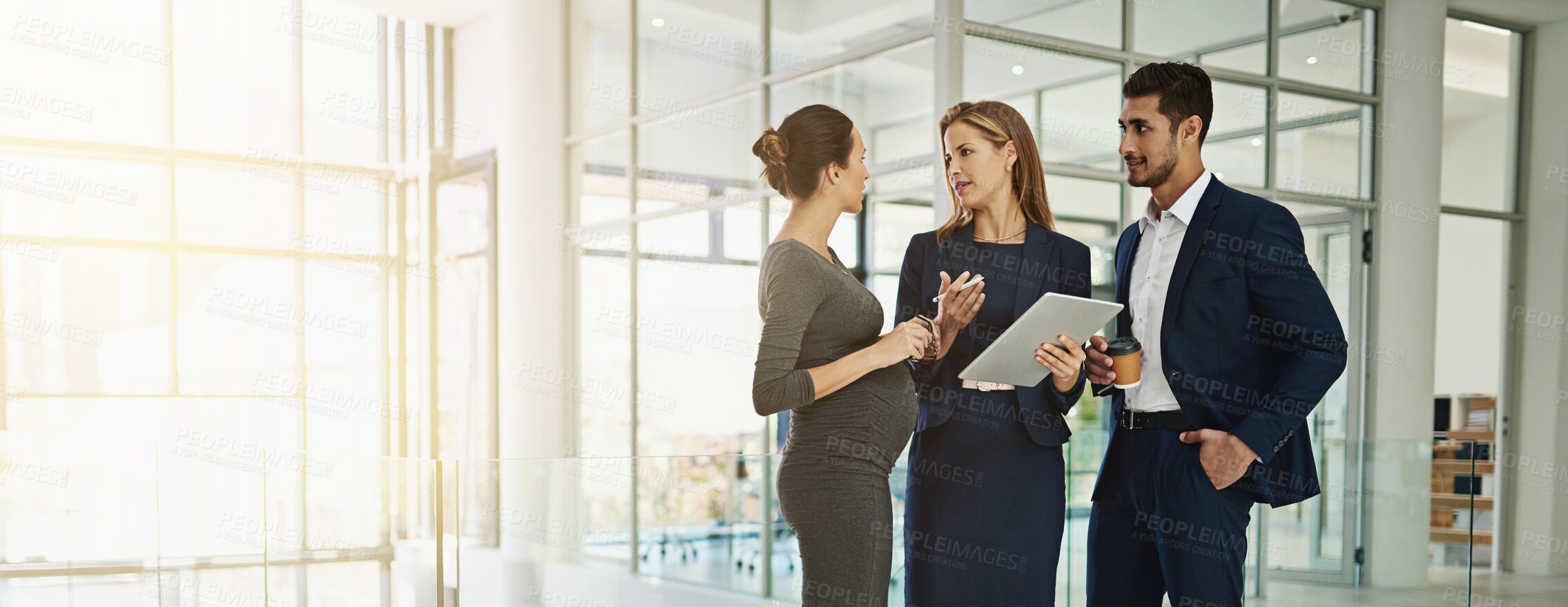 Buy stock photo Banner, talking and teamwork with business people and tablet for planning, investment banker or advice. Online, budget proposal and network with employees in financial firm for company equity