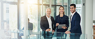 Buy stock photo Portrait, tablet and business people in office, teamwork and confidence with banner, smile and cooperation. Face, group and employees in workplace, internet and stock market with financial consulting