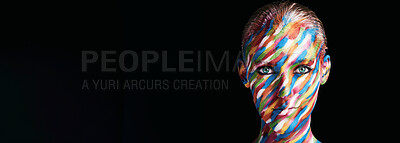 Buy stock photo Woman portrait, face paint and studio for art, beauty design and mockup space on black background. Female person, banner and creative abstract for unique rainbow, cosmetic textures and wallpaper