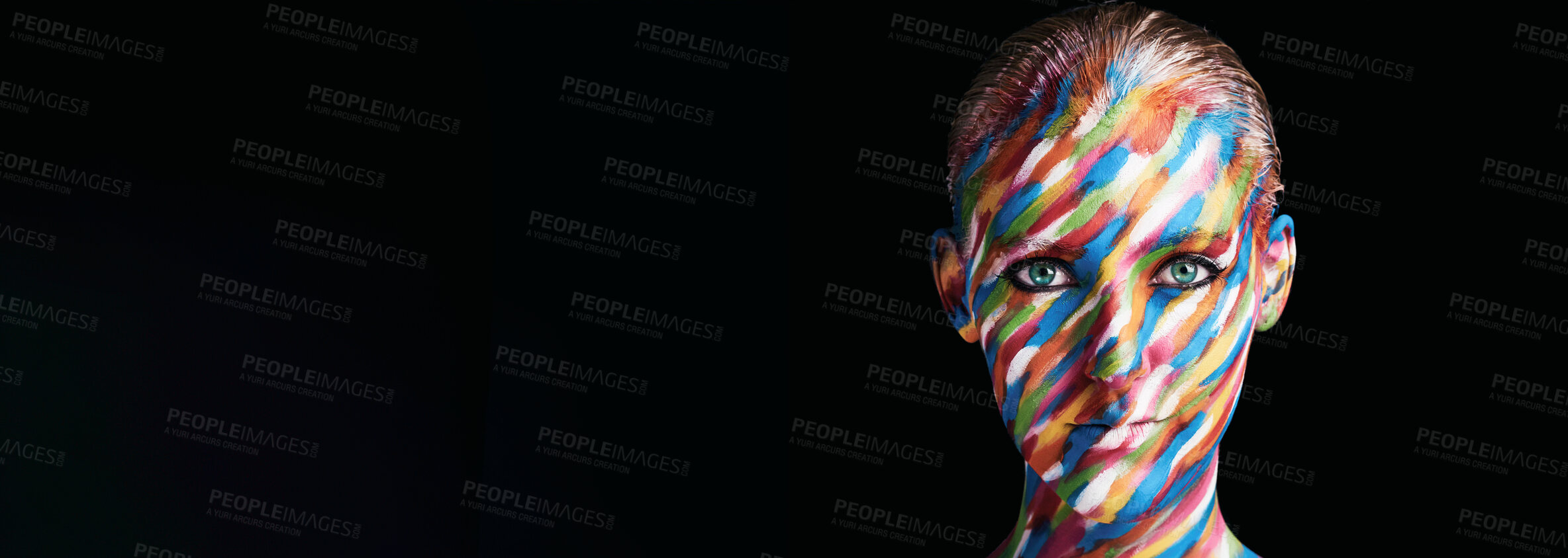 Buy stock photo Woman portrait, face paint and studio for art, beauty design and mockup space on black background. Female person, banner and creative abstract for unique rainbow, cosmetic textures and wallpaper