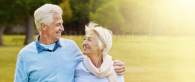 Buy stock photo Smile, hug and senior couple in park, love and bonding together with lens flare, banner and romance. Retirement, outdoor and old man with elderly woman, embrace and cheerful with happiness and joy