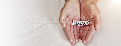 Buy stock photo Senior person, hands and paper with legacy for retirement memory, ethics and impact of society contribution. Banner, message and inheritance on mockup space for responsibility or value of inspiration