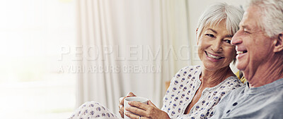 Buy stock photo Senior couple, banner and happy in bedroom for morning, routine and mockup space in home. Elderly people, smile and bonding together for relationship, marriage and partners in retirement as pensioner