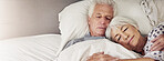 Elderly couple, sleeping and relax in bed with love, comfort and peace in retirement in home banner. Senior man, wife and resting in bedroom with dreaming, calm morning and embrace for care at space