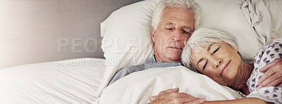 Buy stock photo Elderly couple, sleeping and relax in bed with love, comfort and peace in retirement in home banner. Senior man, wife and resting in bedroom with dreaming, calm morning and embrace for care at space