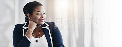 Buy stock photo Black woman, worker and thinking in office, problem solving and mockup space for reflection. Female person, professional brainstorming and workplace for contemplating idea, vision and ponder proposal