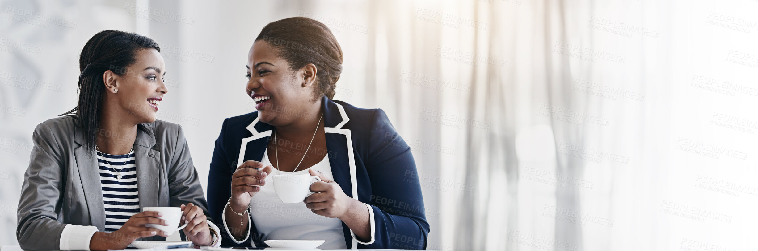 Buy stock photo Coffee, discussion and business women in office for collaboration on multimedia project together. Mockup space, banner and happy female public relations employees drinking latte at meeting for team.