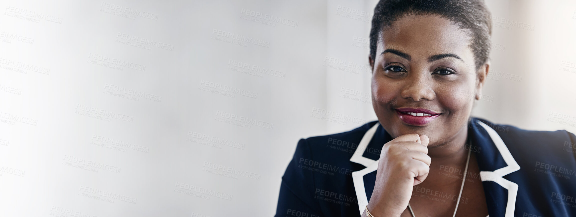 Buy stock photo Business, black woman and portrait with smile in office for investment management and financial reporting. Banner, finance manager and confidence for company compliance and guidance on mockup space