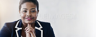 Buy stock photo Portrait, business and black woman with smile as secretary of administration, about us and mockup space. Thinking, receptionist and career ambition banner, mission and planning on white background