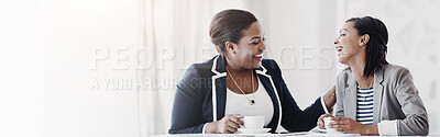 Buy stock photo Business people, teamwork and women in office, support and funny with joke, smile and conversation. Finance agency, employees and consultant in workplace, laughing or humor with conversation or smile