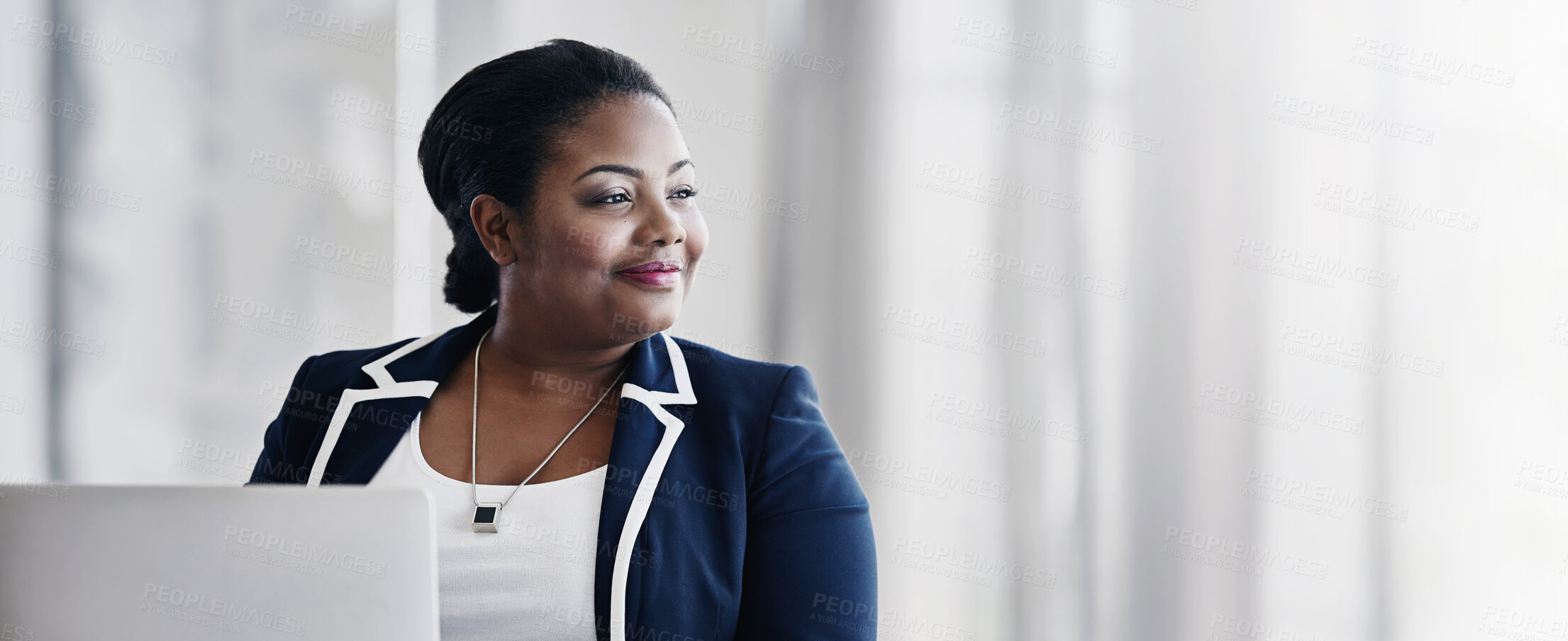 Buy stock photo Thinking, smile and woman in office, laptop and confident for administration, banner and corporate. Mockup space, proud and contemplating for budget in business, happy and black person with tech