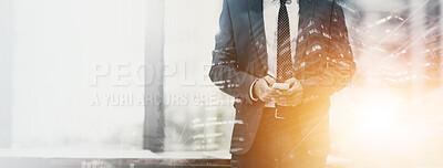 Buy stock photo Business, man and smartphone at office with city overlay for communication and networking. Male person, entrepreneur and lens flare or banner on internet for investments, stock exchange and market