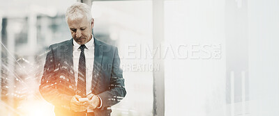 Buy stock photo App, overlay and phone with business man in office for communication, text message or update. Banner, flare and mockup space with mature employee in corporate workplace for professional networking