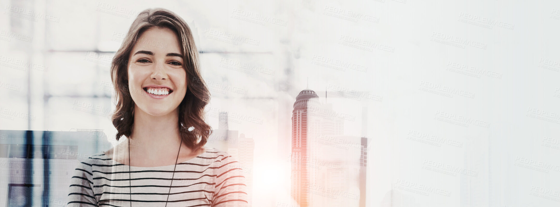 Buy stock photo Portrait, business and woman with smile, overlay and mockup space with city background. Face, journalist and professional with confidence, pride and career ambition with double exposure and banner